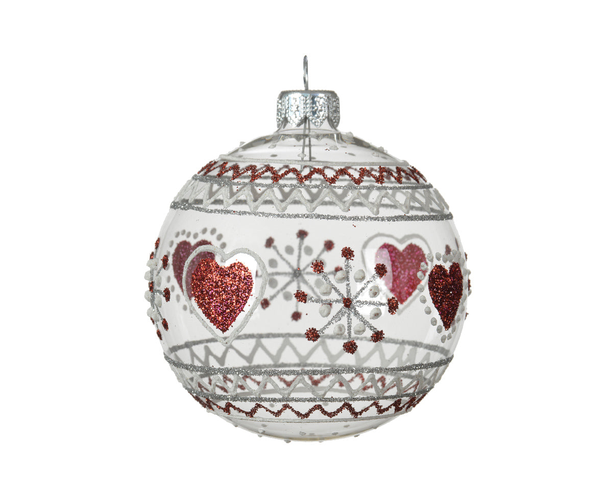 Clear Glass Bauble with Glitter Folkloristic Design