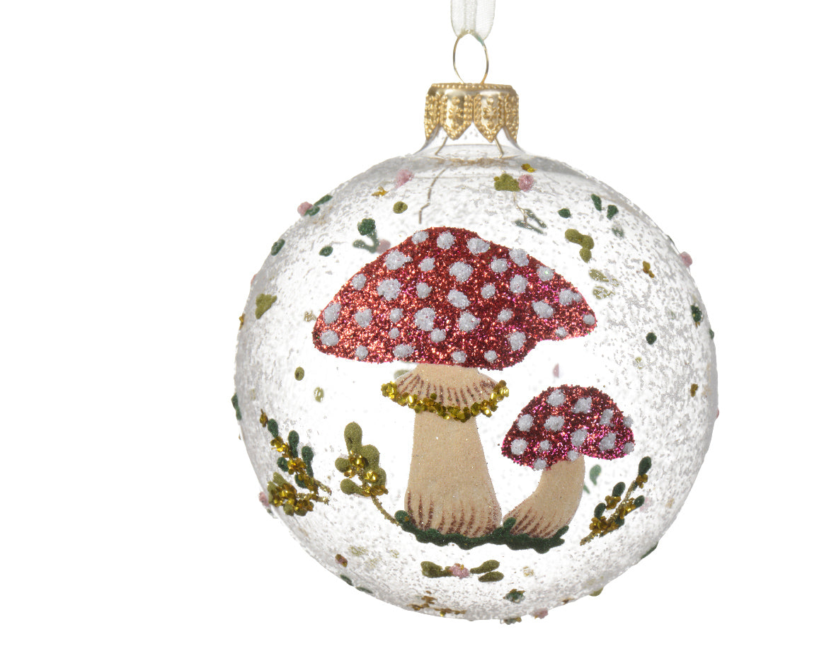 Clear Glass Bauble with Glitter Mushrooms